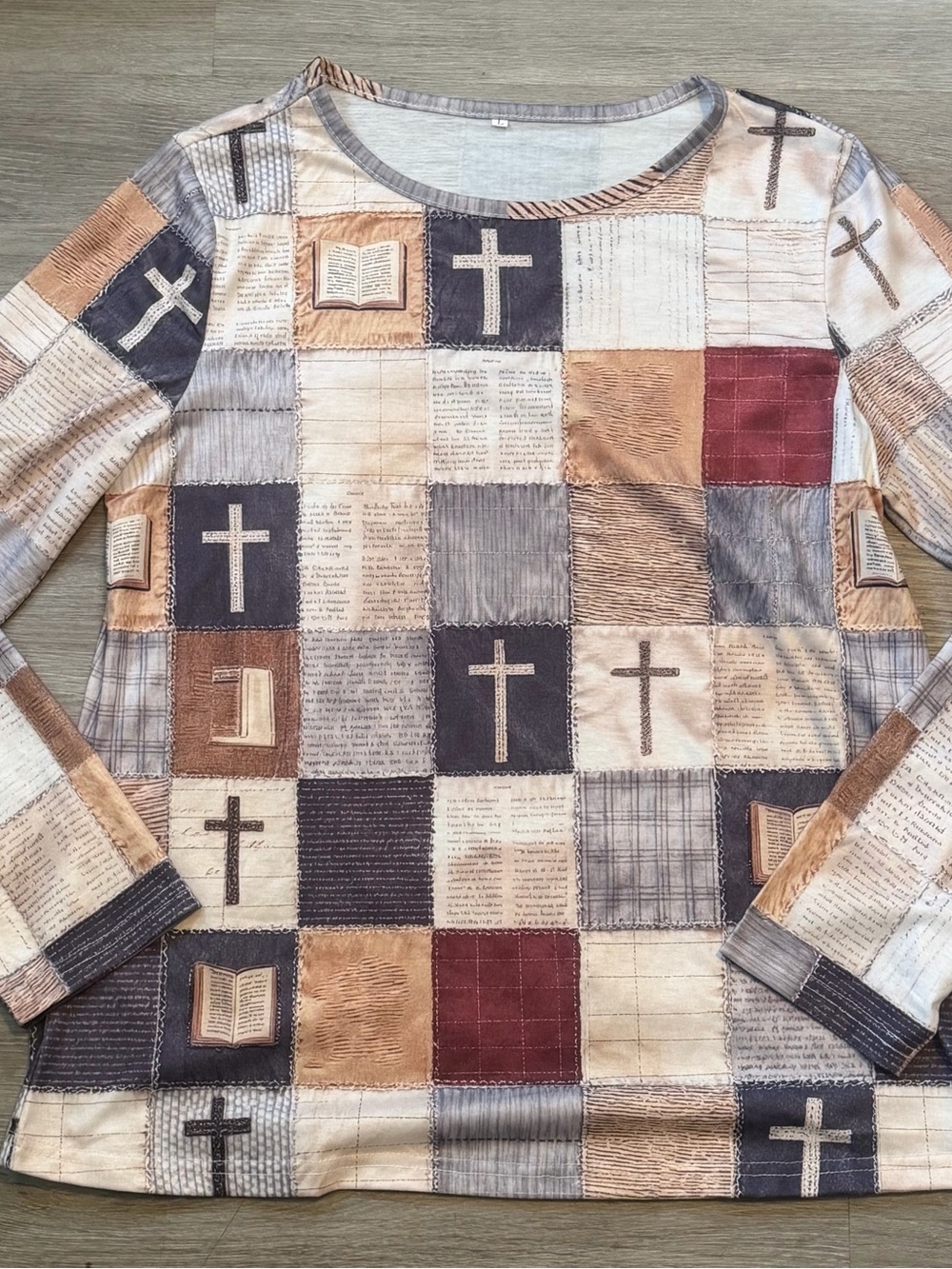& Other Stories Patchwork Cross & Book Print Long Sleeve Top - Beige Multi